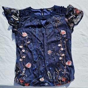 ChicMe navy blue floral blouse with sheer sleeves size small